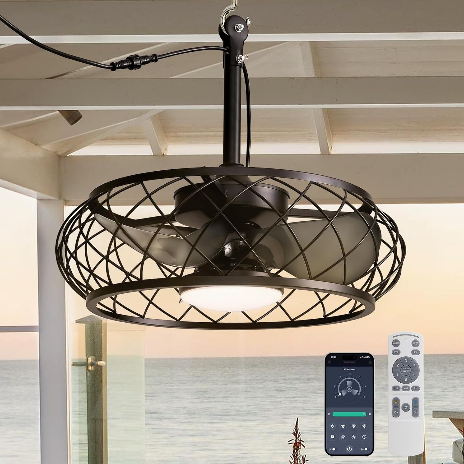 24" Outdoor Ceiling Fan with Light Plug In Remote App 3CCT Dimmable DC Motor