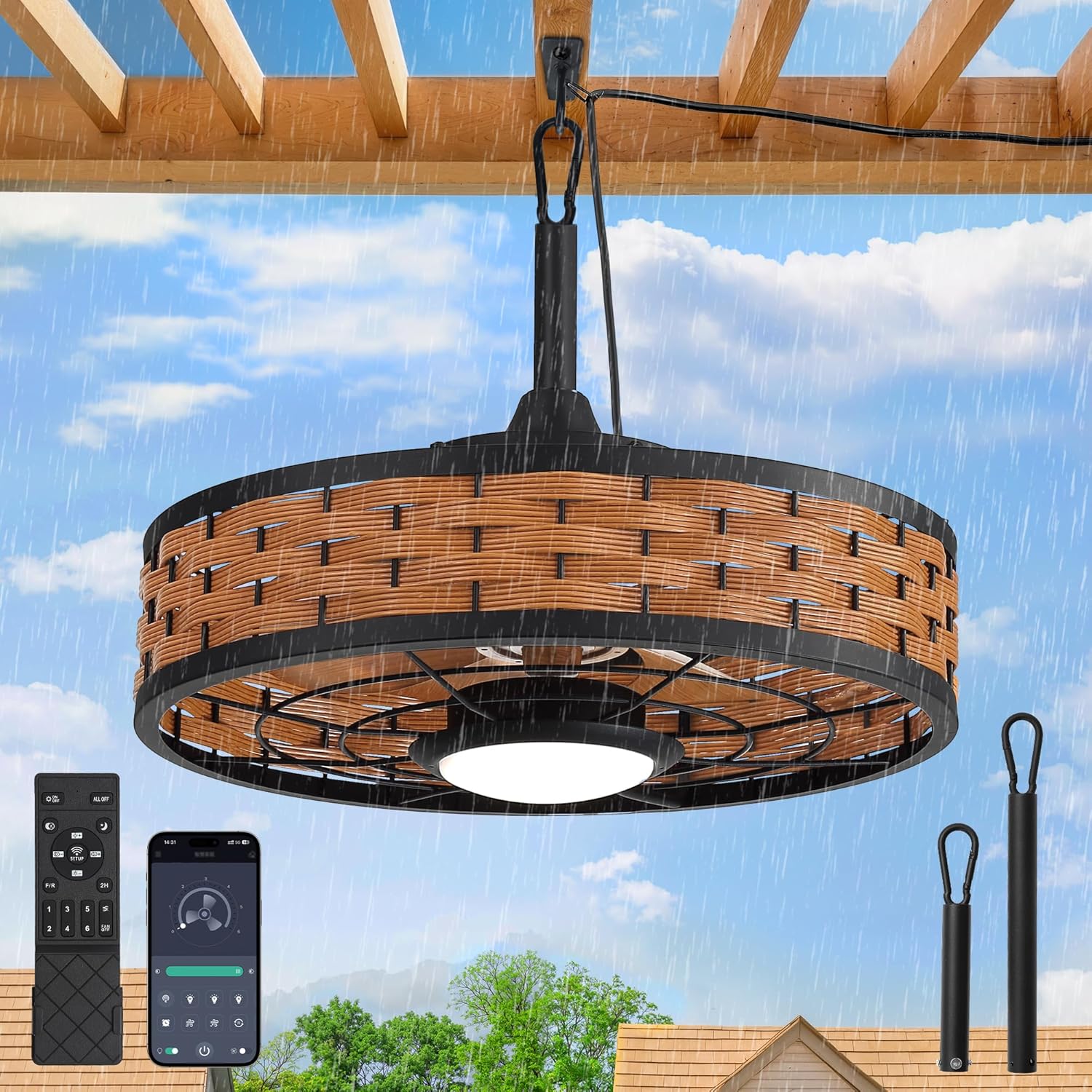 20" Outdoor Ceiling Fan with Light IP65 Plug In 3CCT Dimmable 6 Speed Remote App