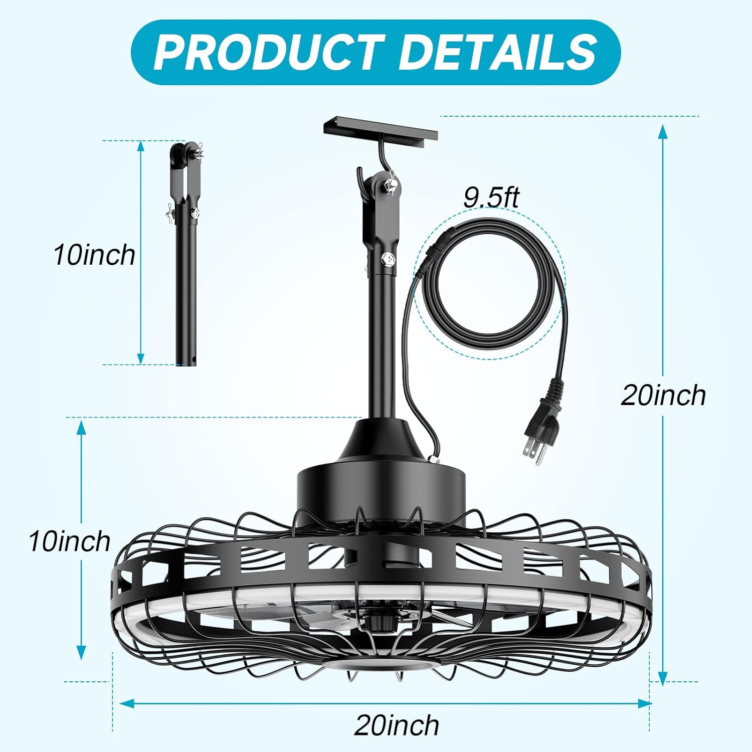 20" Outdoor Ceiling Fan with Light IP65 Plug In 3CCT Dimmable 6 Speed Patio