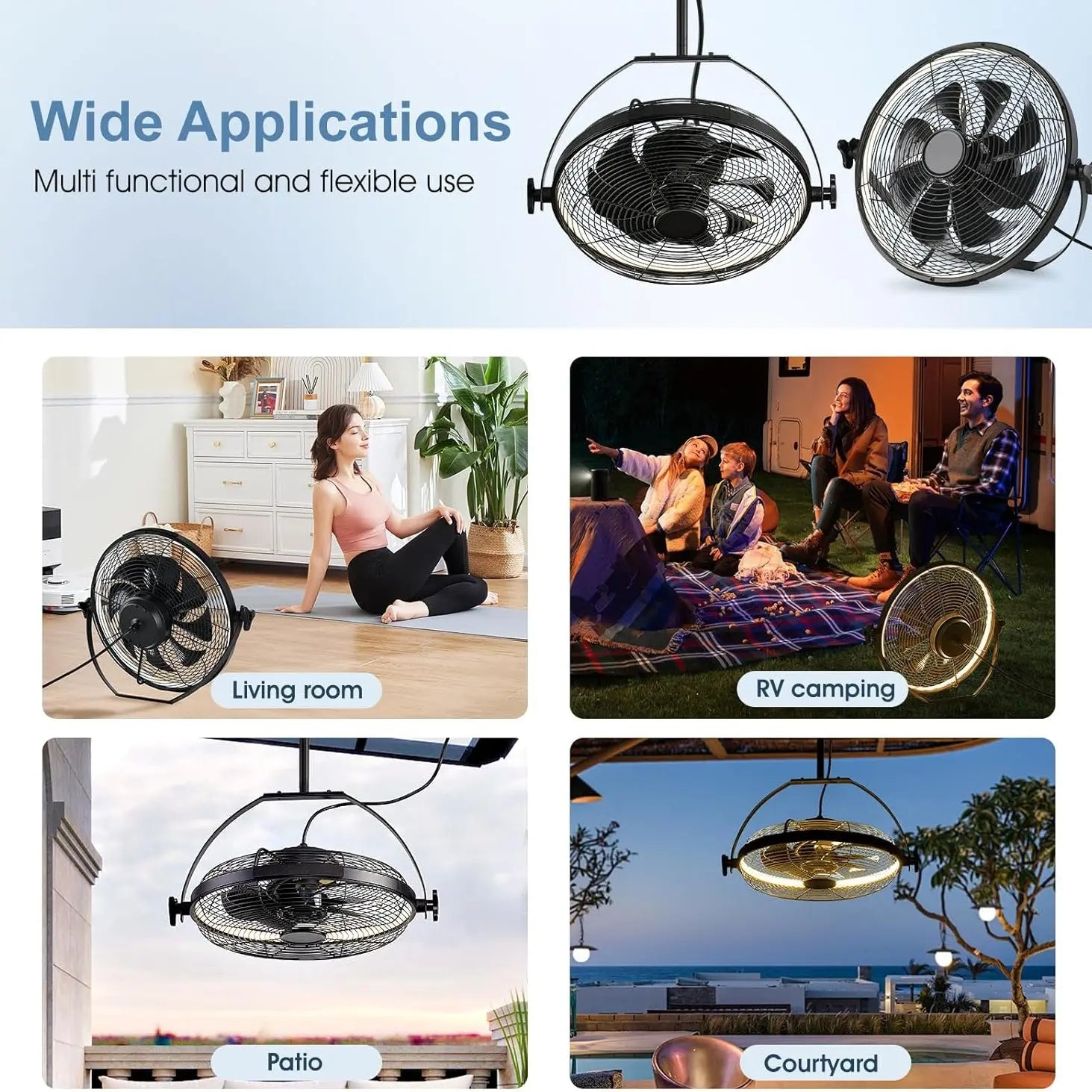 16 Inch Portable Outdoor Ceiling Fan with Light Plug In 3CCT Adjustable Black Patio Fan beanhugged