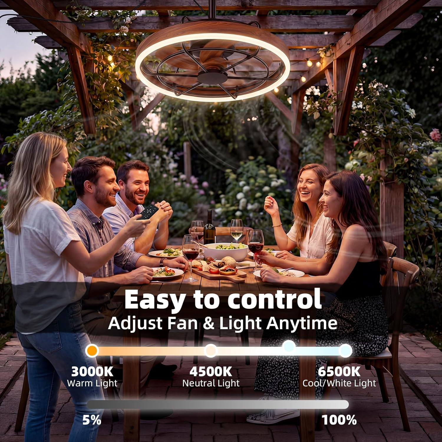 20" Outdoor Ceiling Fan with Light IP65 Plug In Remote App 3CCT Patio Gazebo