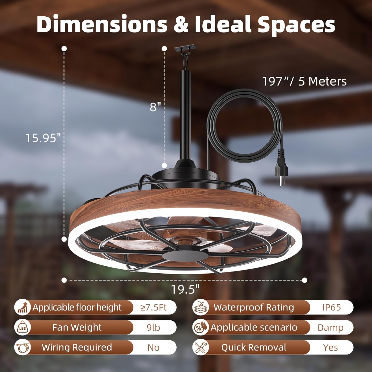 20" Outdoor Ceiling Fan with Light IP65 Plug In Remote App 3CCT Patio Gazebo