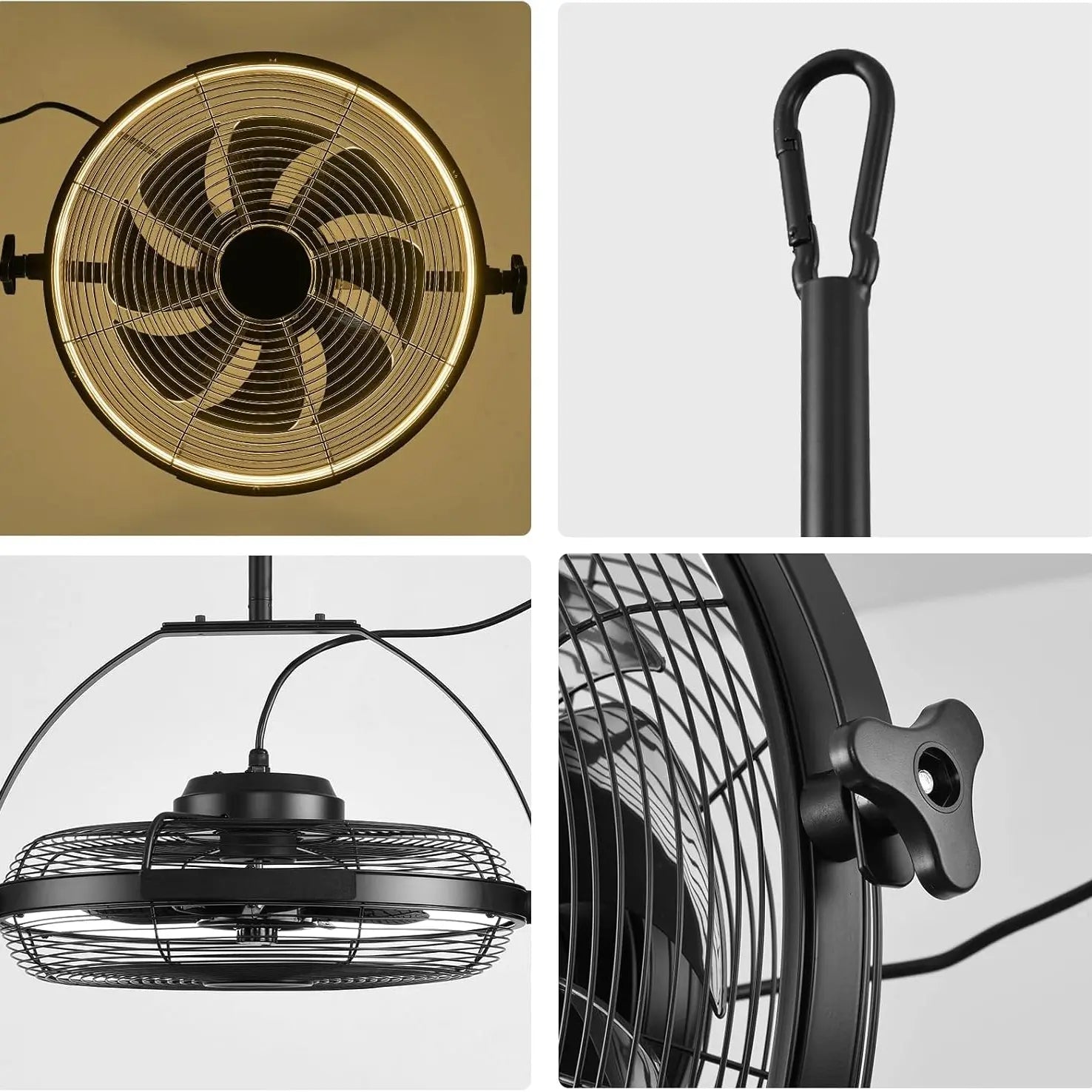 16 Inch Portable Outdoor Ceiling Fan with Light Plug In 3CCT Adjustable Black Patio Fan beanhugged
