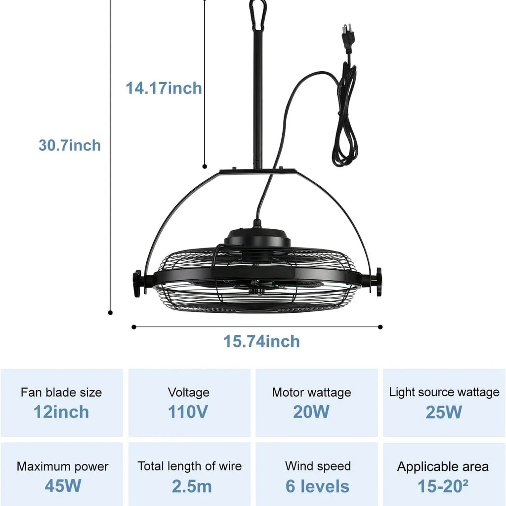 16 Inch Portable Outdoor Ceiling Fan with Light Plug In 3CCT Adjustable Black Patio Fan beanhugged