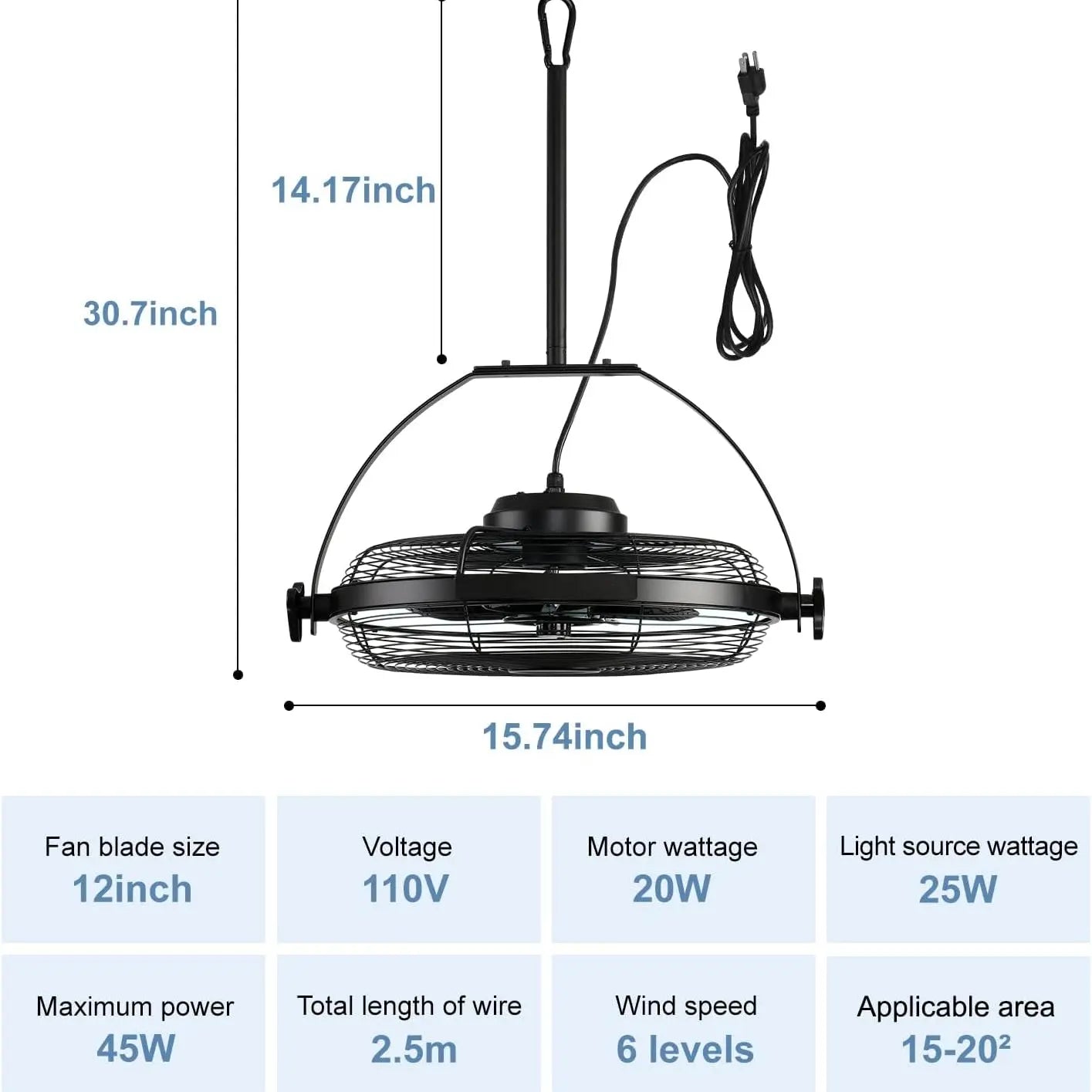 16 Inch Portable Outdoor Ceiling Fan with Light Plug In 3CCT Adjustable Black Patio Fan beanhugged