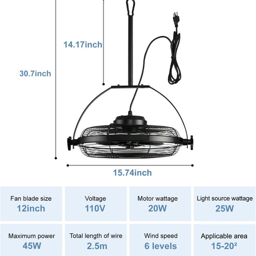 16" Outdoor Ceiling Fan with Light Plug In Portable Adjustable Black Patio Fan