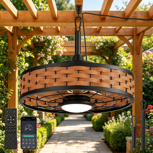 20 Inch Outdoor Ceiling Fan with Light IP65 Plug In 3CCT Dimmable 6 Speed Remote App Control beanhugged