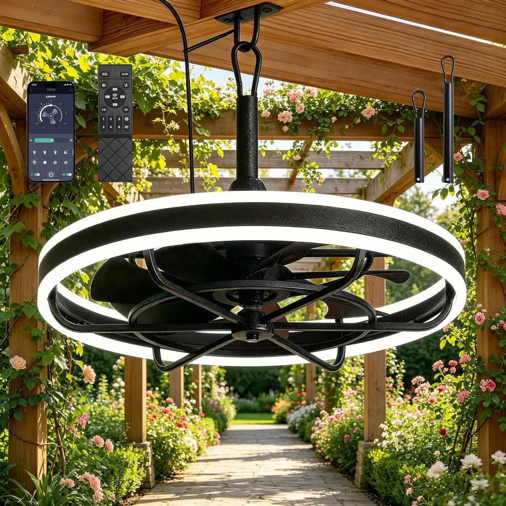20 Inch Outdoor Ceiling Fan with Light IP65 Plug In 3CCT Dimmable 6 Speed Hanging Hook beanhugged
