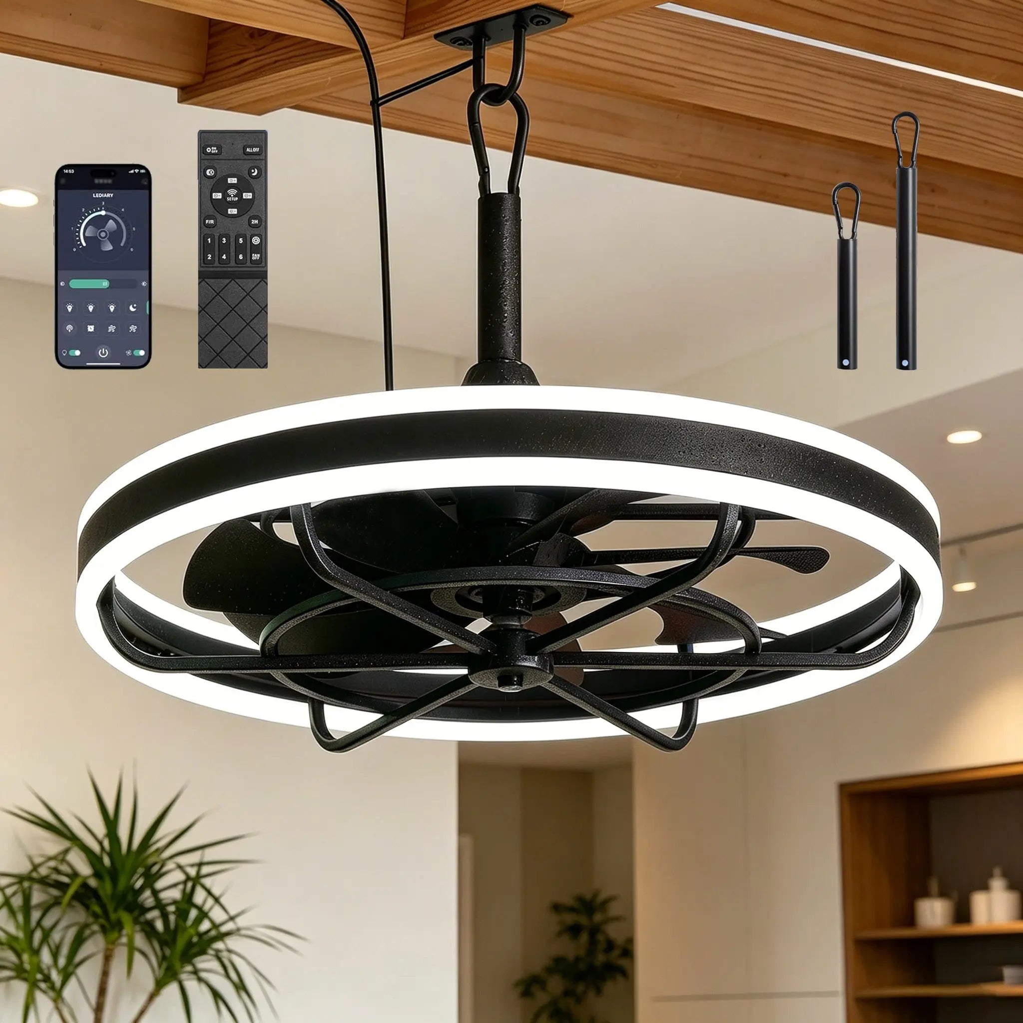 20 Inch Outdoor Ceiling Fan with Light IP65 Plug In 3CCT Dimmable 6 Speed Hanging Hook beanhugged