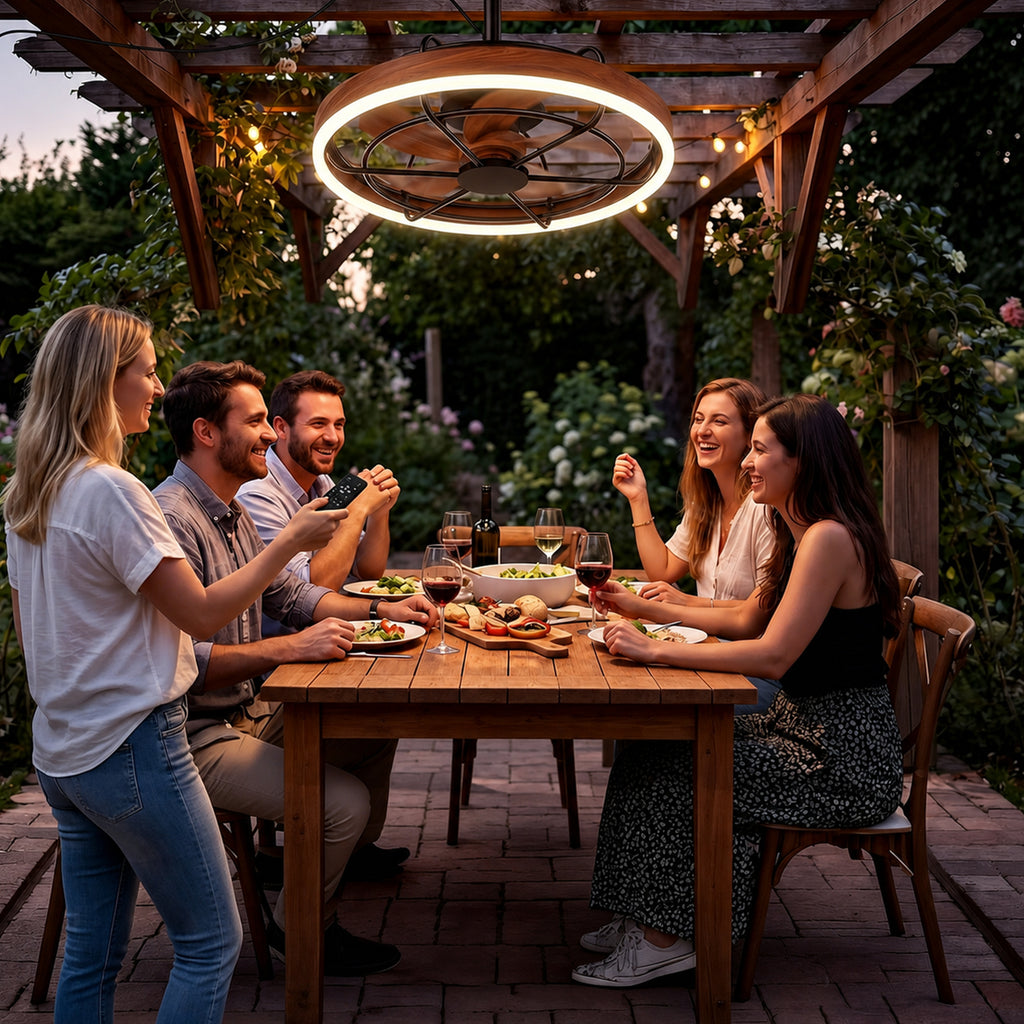 20 Inch Wood Grain Outdoor Ceiling Fan with Light IP65 Plug In 3CCT Remote App Patio Gazebo beanhugged