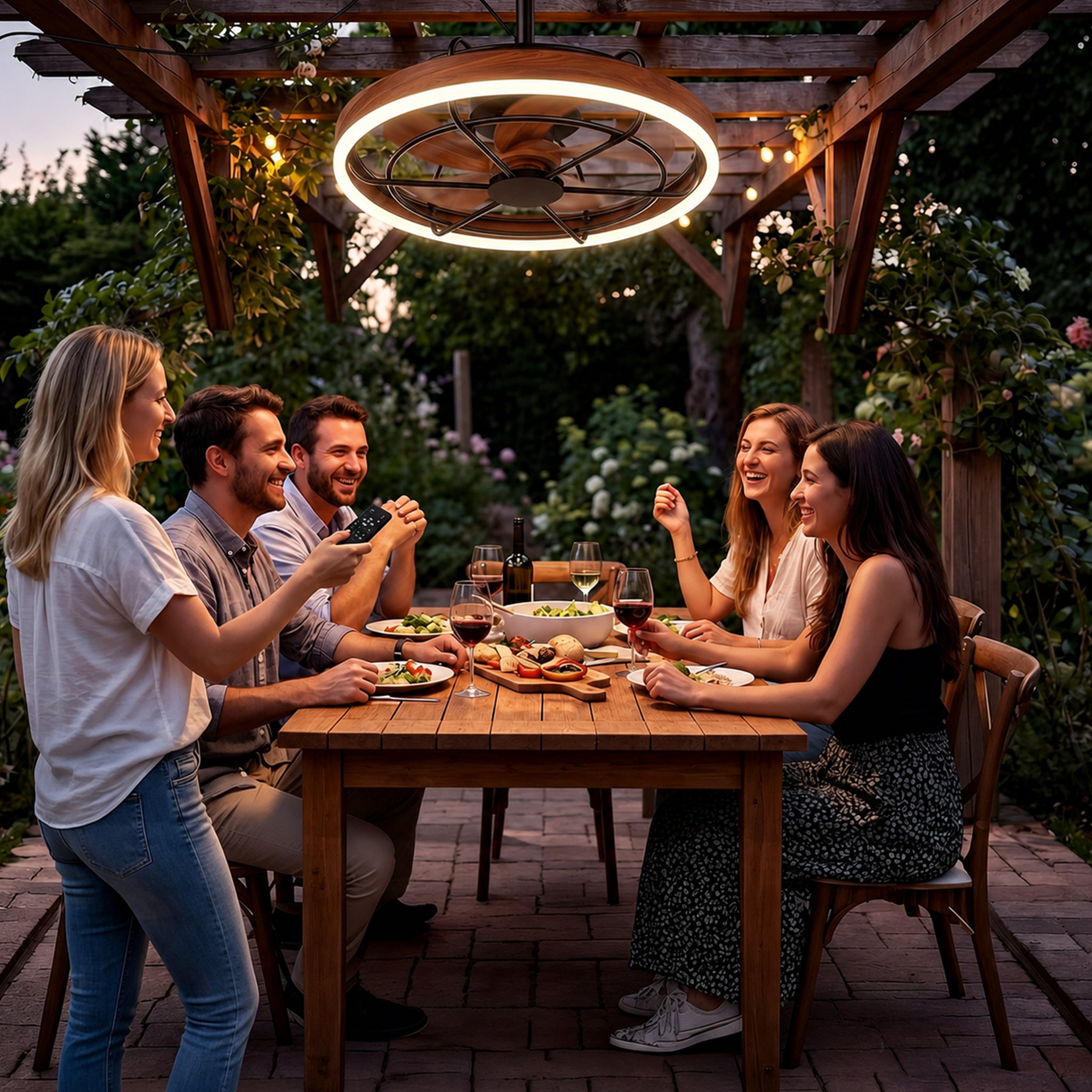 20 Inch Wood Grain Outdoor Ceiling Fan with Light IP65 Plug In 3CCT Remote App Patio Gazebo beanhugged