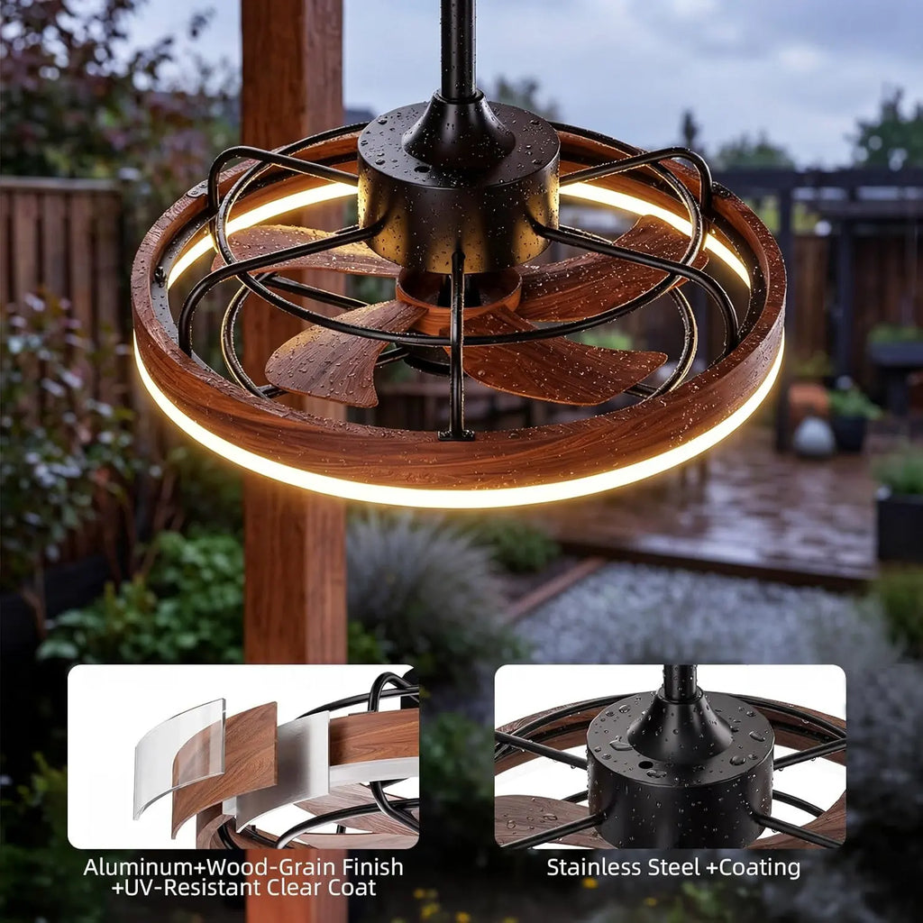 20 Inch Wood Grain Outdoor Ceiling Fan with Light IP65 Plug In 3CCT Remote App Patio Gazebo beanhugged
