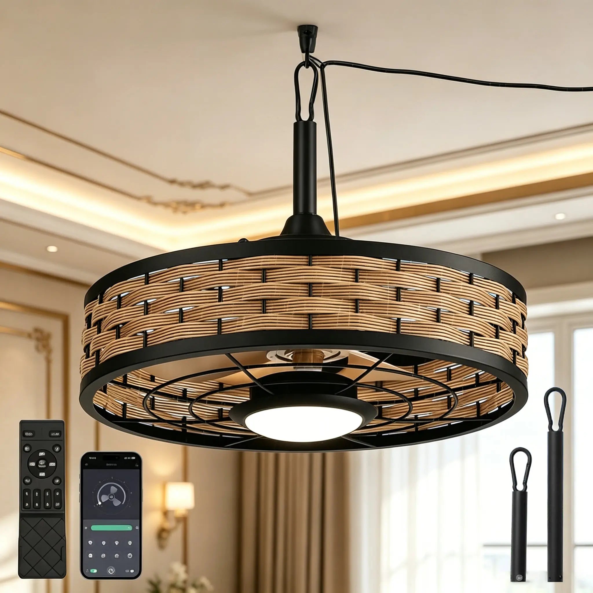 20 Inch Outdoor Ceiling Fan with Light IP65 Plug In 3CCT Dimmable 6 Speed Remote App Control beanhugged