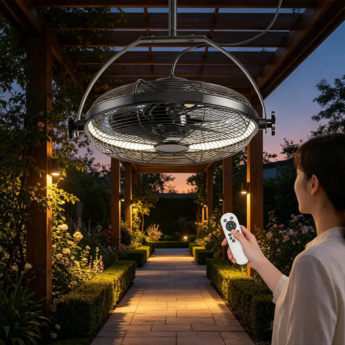 16 Inch Portable Outdoor Ceiling Fan with Light Plug In 3CCT Adjustable Black Patio Fan beanhugged