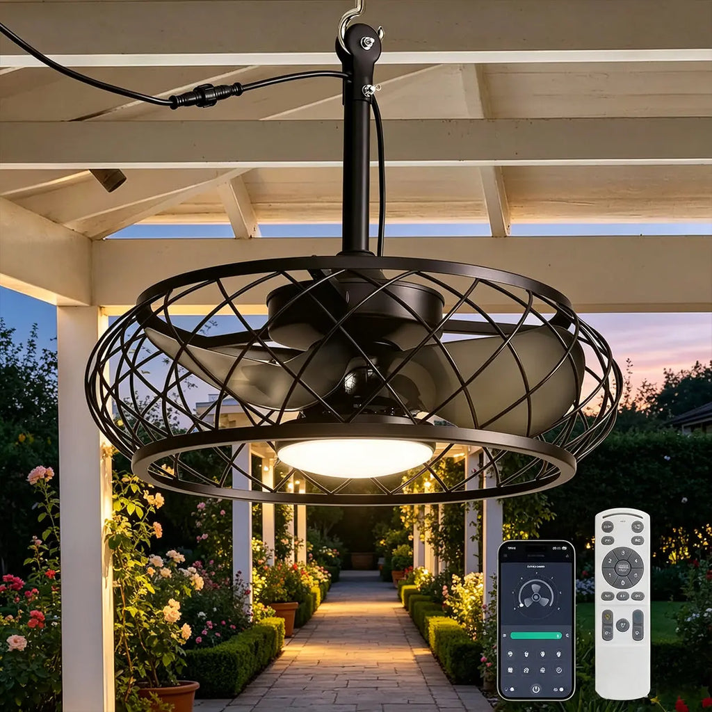 24 Inch Caged Outdoor Ceiling Fan with Light Plug In 3CCT Dimmable DC Motor Remote App beanhugged