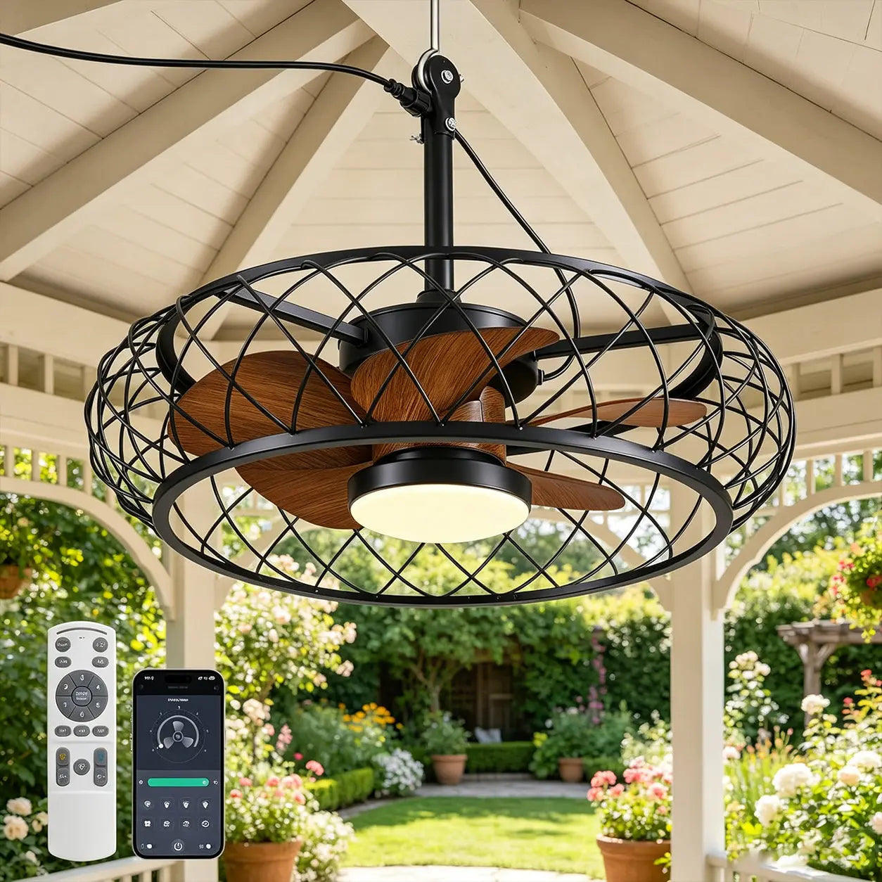 24 Inch Caged Outdoor Ceiling Fan with Light Plug In 3CCT Dimmable DC Motor Remote App beanhugged