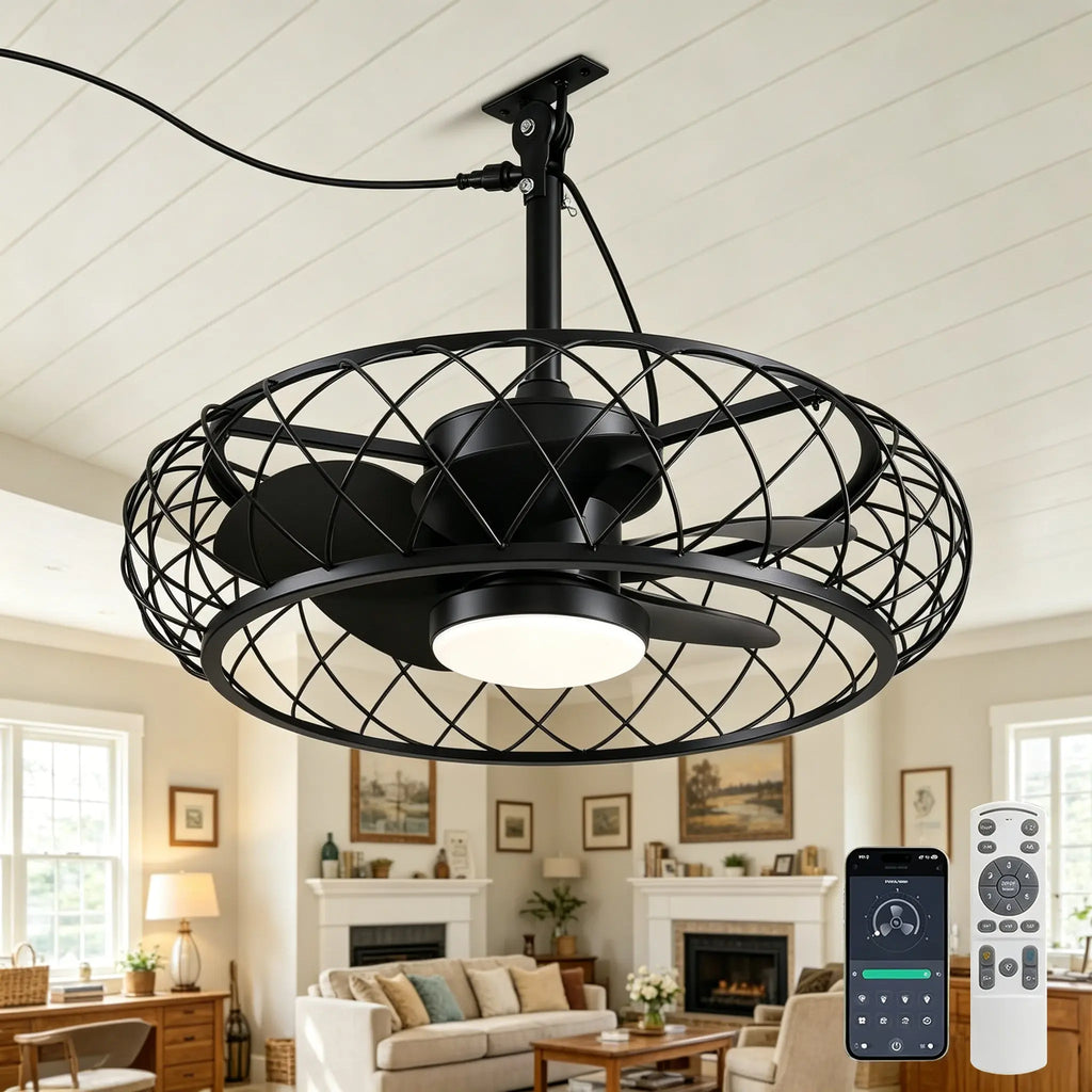 24 Inch Caged Outdoor Ceiling Fan with Light Plug In 3CCT Dimmable DC Motor Remote App beanhugged