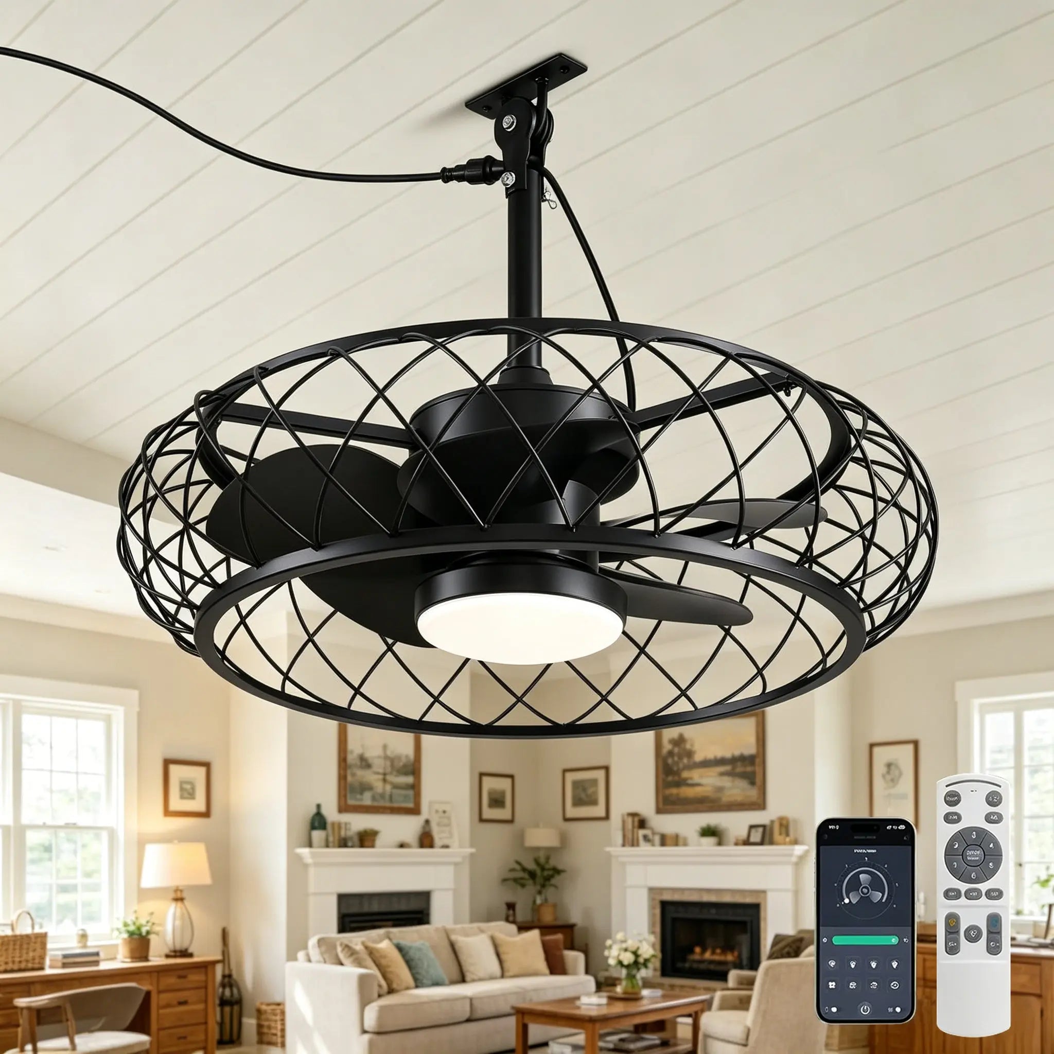 24 Inch Caged Outdoor Ceiling Fan with Light Plug In 3CCT Dimmable DC Motor Remote App beanhugged