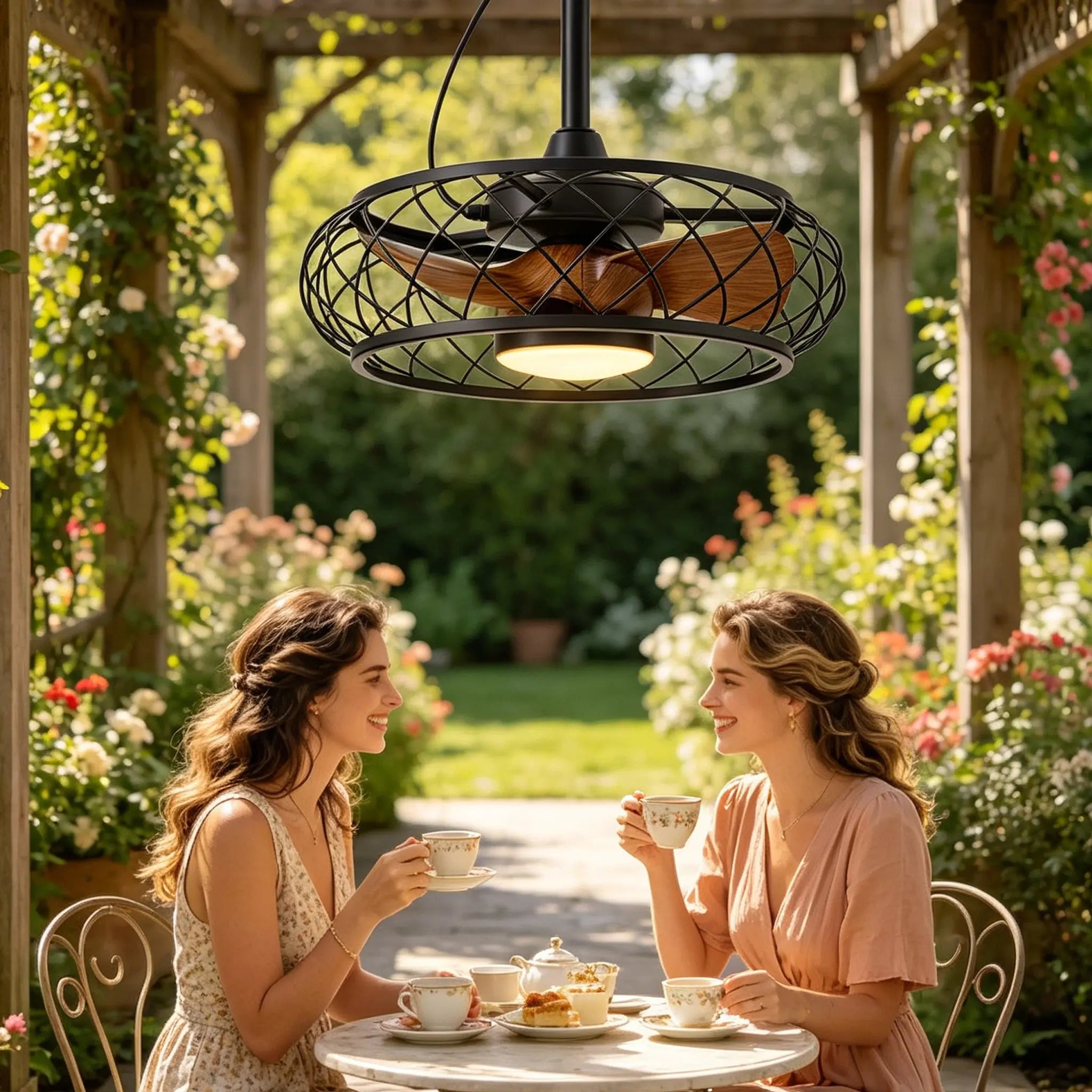 24 Inch Caged Outdoor Ceiling Fan with Light Plug In 3CCT Dimmable DC Motor Remote App beanhugged
